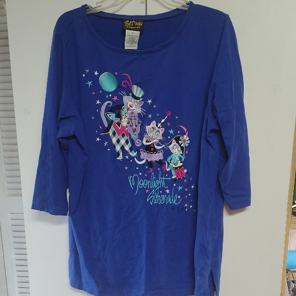 Bob Mackie Vibrant Blue Long Sleeve Tee with Whimsical Design